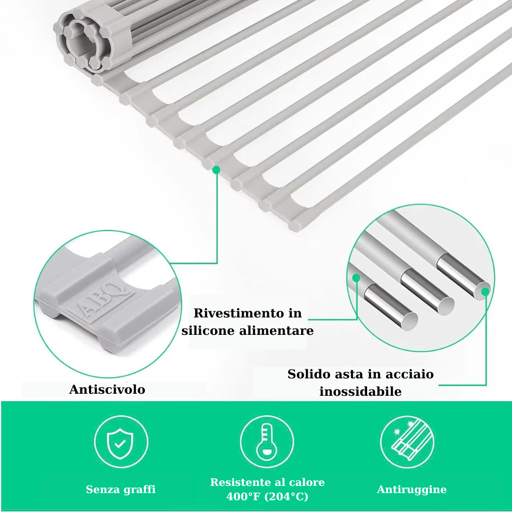 (30% DI SCONTO) Scolapiatti arrotolabile, rivestimento in silicone antiscivolo, resistente al calore