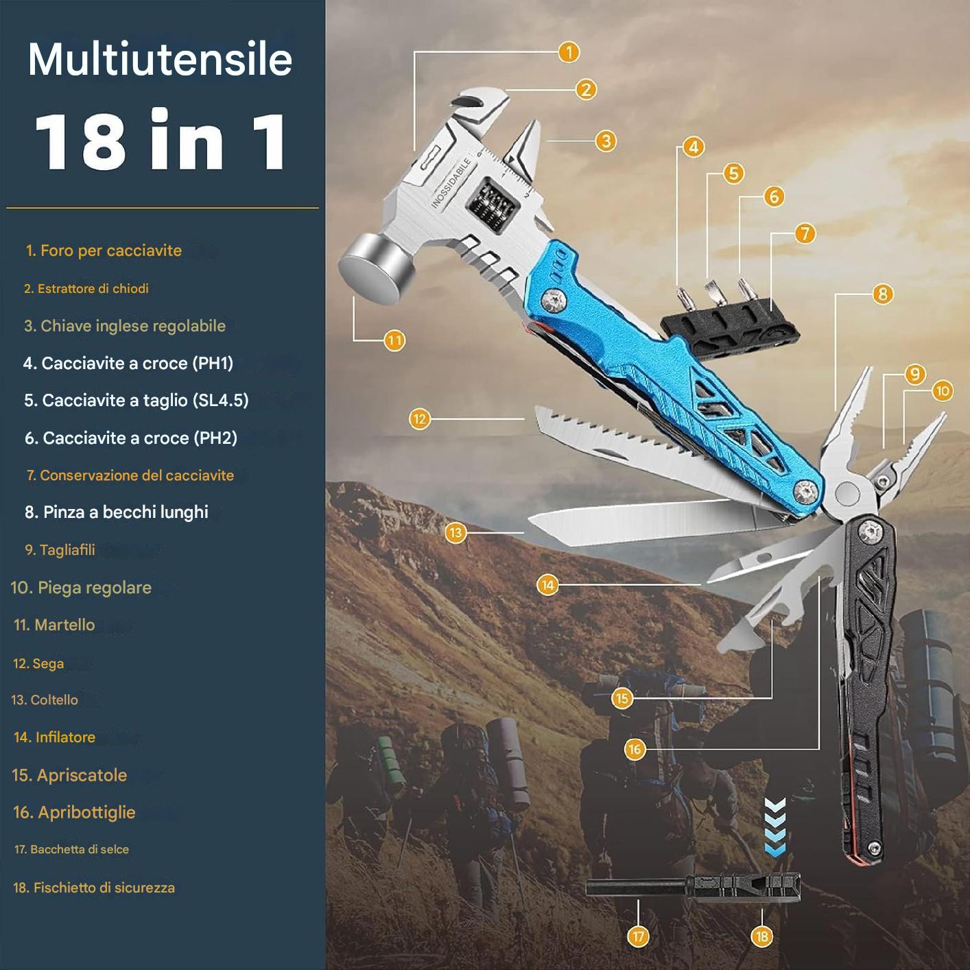 (30% DI SCONTO%) 18 in 1 Multi-Tool Ascia Ascia Pinze Martello Sega Cacciavite Apribottiglie Fodero in Nylon