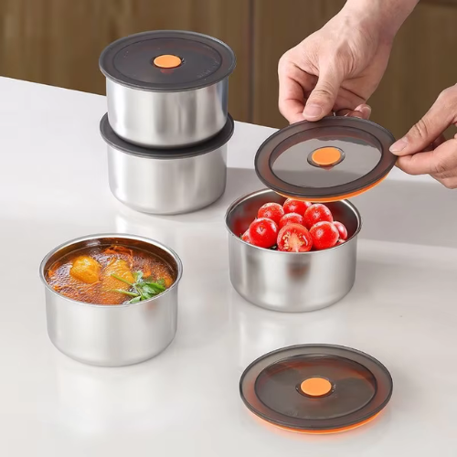 (SPEDIZIONE GRATUITA) Set Di Contenitori Alimentari Rotondi Antibatterici In Acciaio Inox Con Coperchio Sottovuoto