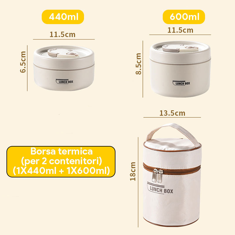 (Super Offerta) Set di 2 Contenitori Termici in Acciaio Inox 304 – Con Borsa Termica e Set di Posate