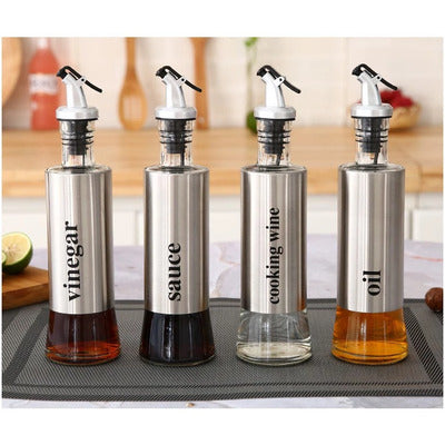 (30% DI SCONTO) Bottiglie di vetro per olio da cucina e salsa di soia rivestite in acciaio inossidabile 304 con beccucci antigoccia.