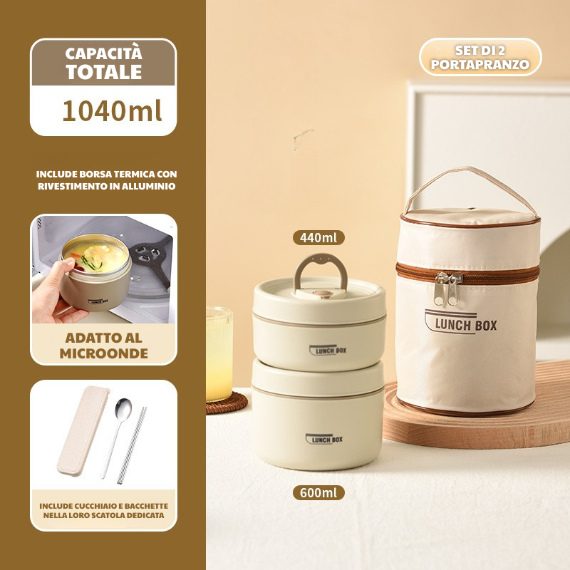 (Super Offerta) Set di 2 Contenitori Termici in Acciaio Inox 304 – Con Borsa Termica e Set di Posate