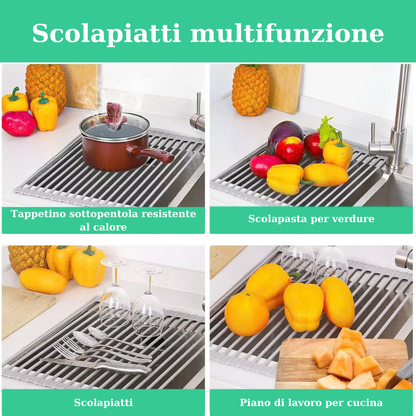 (30% DI SCONTO) Scolapiatti arrotolabile, rivestimento in silicone antiscivolo, resistente al calore