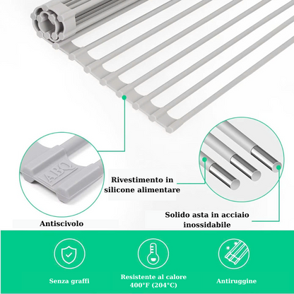 (30% DI SCONTO) Scolapiatti arrotolabile, rivestimento in silicone antiscivolo, resistente al calore