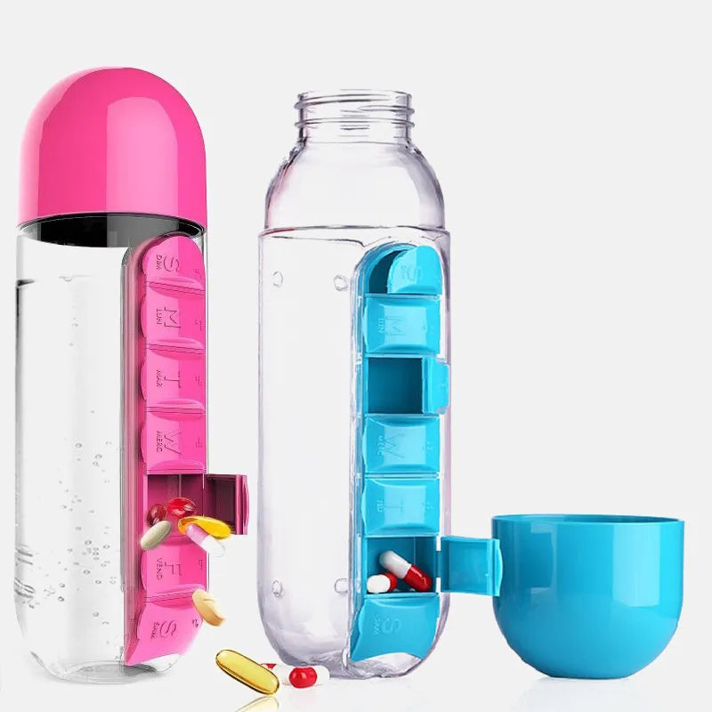 (30% DI SCONTO) Bottiglia d'Acqua 2 in 1 con Portapillole a 7 Scomparti – Proteggi la tua salute ovunque e in qualsiasi momento!